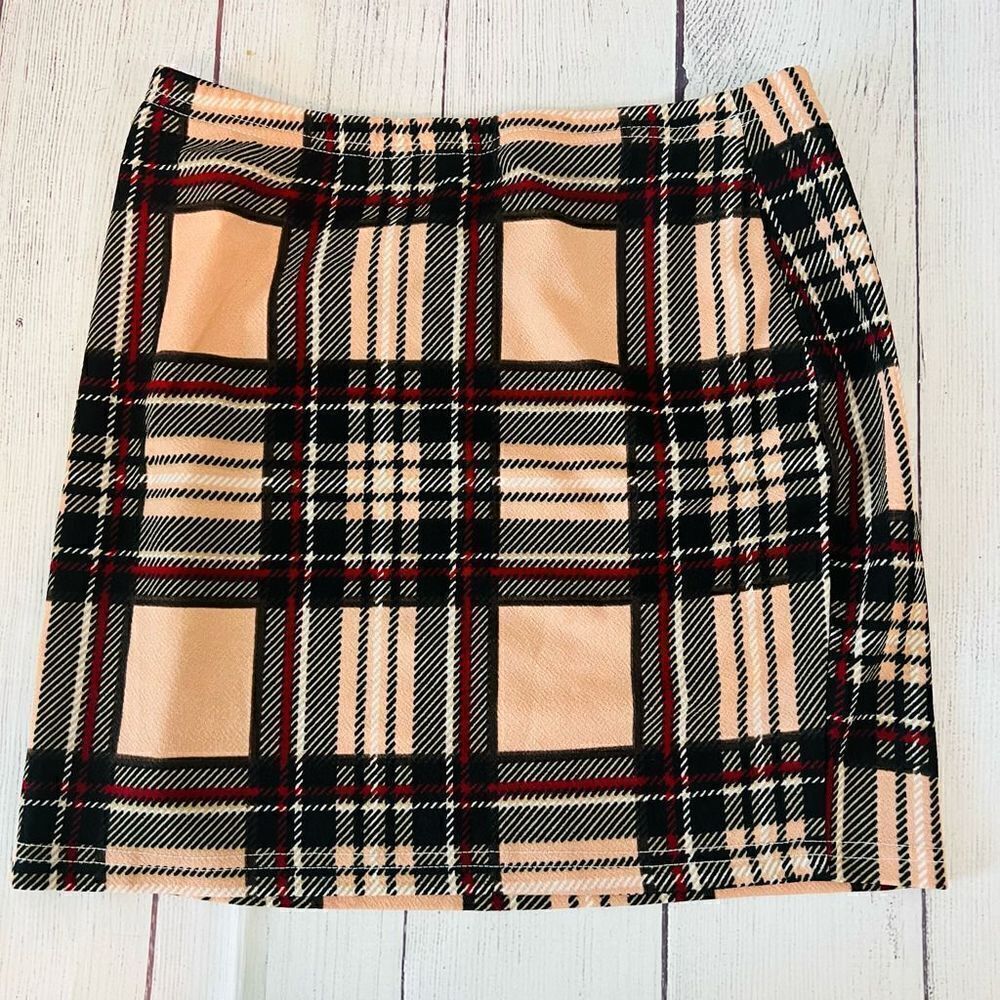 Plaid Peach Black and Red Straight Mini Bodycon Skirt Size M